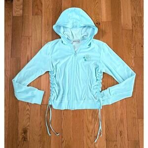 True Vintage Y2K Rouched Velor Full Zip Hoodie Pastel Blue Floral Satin Accent